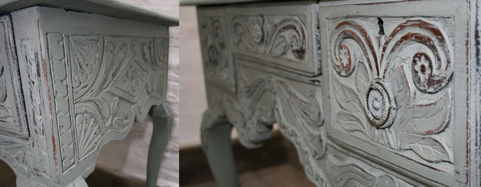 Pedran hand painted Rustic carved table or Lowboy